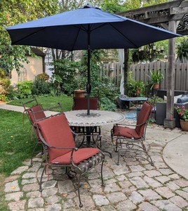 Y - Patio Dining Set - Mosaic Tile Table 48in, 4 Iron Chairs & Umbrella