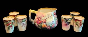 DR - Vintage Hand Painted Porcelain Pitcher & Six Cups (Lot of 7)