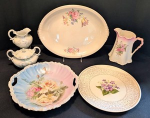 Vintage Painted Porcelain Dishes - 6pc Mixed Lot, W.S. George Platter