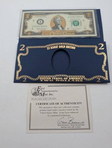 Estate 22 Karat Gold Edition United States Two-Dollar Note