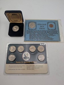 Estate Susan B. Anthony Dollar Coin Set, Boxed 1981 Coin & Lincoln Kennedy Display