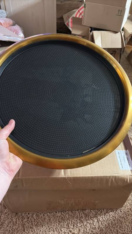 Decorative and Elegant Gold Colored Serving Tray With Black Textured Rubber Mat to Hold Drinks, Food and Plates