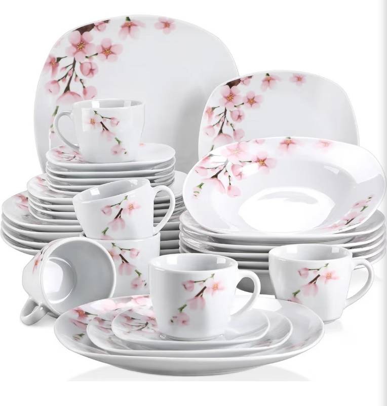 VEWEET Annie Porcelain Dinnerware for 6, 30-Piece Pink Floral Dish Set With Plates and Bowls Including Dinner, Dessert, Soup, Cups & Saucers