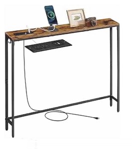 VASAGLE Console Table with Power Outlet, Slim Behind Couch Sofa Table, 15 x 100 x 80 cm, 1 Hook, Easy Assembly, for Entryway, Living Room, Rustic Brown and Ink Black