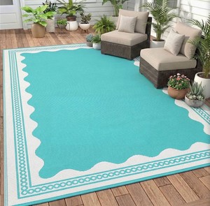 Scalloped Outdoor Patio Rug, 5 x 8 ft Non-Slip Reversible Plastic Straw Pool Rug, Indoor Outdoor Area Mat for Outside Rv Camping Deck Pool Beach Porch Backyard (Aqua Blue, White)