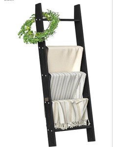 HONEST OUTFITTERS Blanket Ladders for The Living Room, 5-Tier Blanket Holder, Wall-Leaning Blanket Rack, Ladder Shelves, Wooden Quilt Ladder, Farmhouse Decor, Black