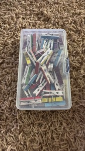 Plastic Container Filled With 48 Mini Clothes Pin Multicolored, Decorative