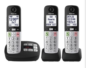 Panasonic Cordless Phone, Easy to Use with Large Display & Big Buttons, Flashing Favorites Key, Flashlight, Call Block, Volume Boost, Talking Caller ID, House Phones, 3 Handsets - KX-TGU433B RETAIL $120.00