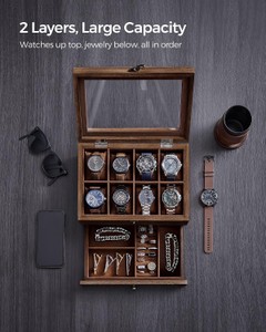8-Slot Wooden Watch Box, Display Case with Large Glass Lid2-Tier Watch Case for Jewelry, Removable Pillows, Velvet Lining, Gift Idea, Coffee Brown