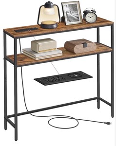 VASAGLE 31.5 Console Table with Power Outlet, 2-Tier Narrow Entry Table Modern Sofa Table with 2 Shelves, for Living Room, Bedroom, Rustic Brown and Ink Black