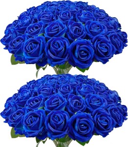 50 PCS Bulk Royal Blue Artificial Flowers, Fake  Silk  Blue Roses W Stems