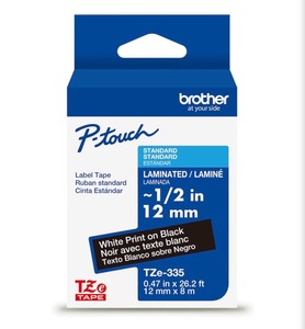 Brother Genuine P-Touch TZe White Print on Black Label Tape (TZe335), Laminated,12in x 26.2ft (12mm x 8m), for Select P-Touch Label Makers, Durable, Water-Resistant, IndoorOutdoor Use