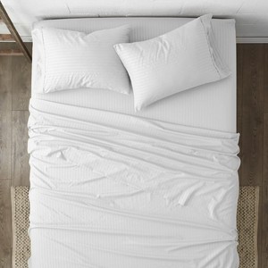 King - 4 Piece White Striped Embossed Bed Sheet Set, Queen - 1 Fitted - 1 Flat - 2 Pillow Cases