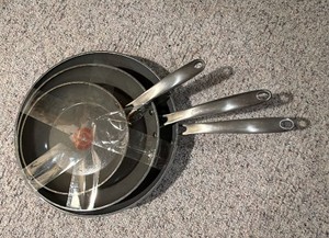 3 Piece T-Fel pan set - slightly used - sold as pictured 8, 10 and 12 - great set for cabin or college