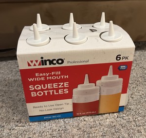 Six Pack of Easy-Fill Wide Mouth Swueeze Bottles, Clear With White Caps
