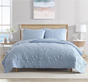 Twin - Caribbean Joe Twin Outlined Shell 2-Piece Quilt Set, BlueLightweight polyester quilted bedspread set with beach design featuring seashells and nautical symbols in soft coastal colors and Sham