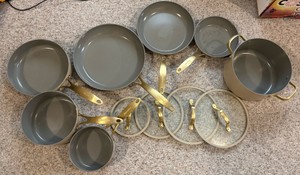 Greenspan 11-piece Pot and Pan Set, Slightly Used Customer Return, Gray Color, Heavy Duty Material