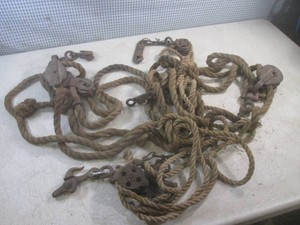 (A-3) Vintage Barn Pullies and Rope - Looks Like 2 Sets
