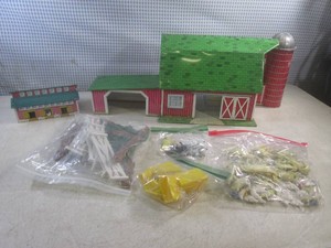 (FS) Vintage Pressed Tin Lithographed Marx Toy Company Happi-Time Farms Barn and Chicken Coop with Large Assortment of Animal Figures, Fence, Trees and Other Accessories