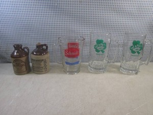 (A-2) Glass Schmidt Beer Pitcher, 2 Large Jackpot Junction Glass Mugs and 2 Stoneware Jugs