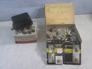 (CSB) Vintage FoMoCo Voltage Regulator 8A-10505 In Original Box and Box of Vintage Automotive Light Bulbs