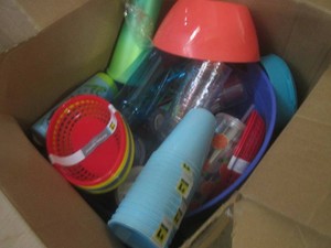 (EW6) Big Box of New Plastic Cups Bowls Trays Etc Shelf Pulls