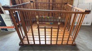 vintage mid-century wooden slatted playpen
