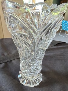 Large Vintage Heavy Cut Lead Crystal Vase - Fan & Star Pattern
