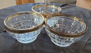Vintage Mid-Century 3-Bowl Glass Relish  Condiment Server with Gold Caddy & Rims