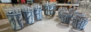 Vintage Mid-Century Grecian Blue & White Barware Set with Ice Bucket & Caddy