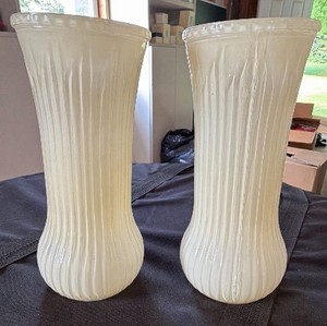 Vintage Pair of Custard  Satin Glass Ribbed Vases with Beaded Rims