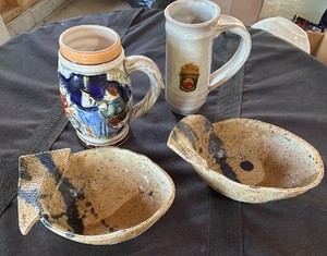 Collectors Ceramic Lot German Stein, 1991 Twins World Champions Mug & 2 Artisan Fish Bowls