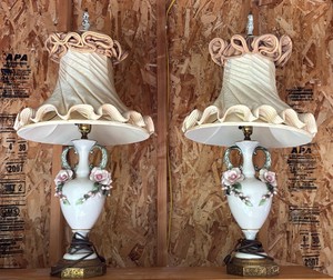 Exquisite Pair of Vintage Hollywood Regency Porcelain Rose Table Lamps w Ruffled Shades