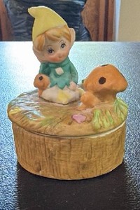 Vintage Ceramic Pixie Elf on a Mushroom Trinket Box