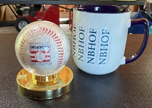 National baseball Hall of Fame desk, display with baseball and national baseball Hall of Fame mug
