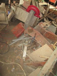 Bulk lot of metal, wood and other misc to repurpose or scrap including automotive ramps, hitches, truck rims, tamper, garden carts and more