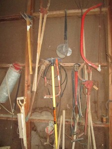 Pitch forks, post hole digger, axe, maul, chain hoist, pulley and more
