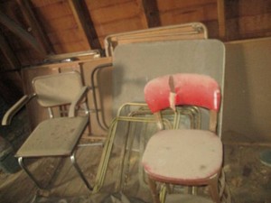 5-Metal framed card tables, TV trays with stands, folding 8ft banquet table, dual purpose step stool and waiting room style chair