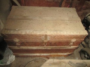 Large Vintage wood storage trunk with leather handles, interior tray, metal trim, hardware and accents plus antique hand tool assortment inside