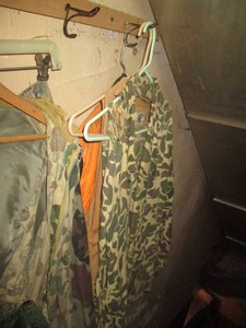 Mens size Large Camouflage hunting pants, jacket, Coveralls and vest with blaze orange vests