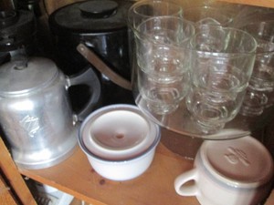 Metal covered tea pot, ice buckets, carafes, punchbowl and cup set and more