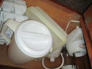 Blender, tea kettle, ice cube trays, pitcher and Tupperware