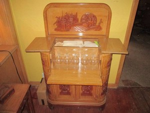 Gorgeous Japanese Teakwood lift-top barware console cabinet with hand carved detail throughout, multiple storage compartments plus all Japanese Glassware and linens approx 30x15x36in