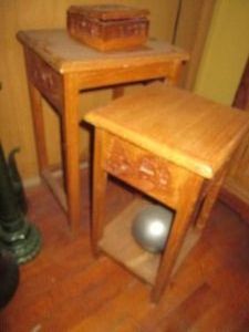 Hand carved Japanese Teakwood nesting table set larger piece 13.5x11.5x21in includes Hand carved wood box and exercise ball