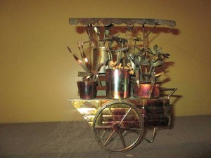 Hand cut copper garden cart with flower display decor approx 10in tall