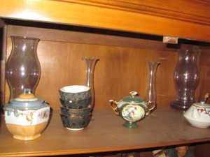 Vintage Japanese lidded dishes and glass vases
