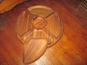 Wood compartmentalized lazy Susan style serving platter and bowl set