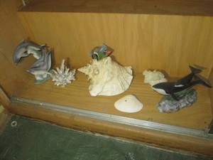 Conch Shell, Coral and sea life figurines