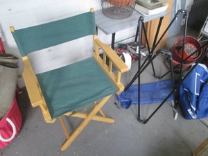 Wood framed folding directors chair plus fold-up camping table frame in bag (no table top, just frame)
