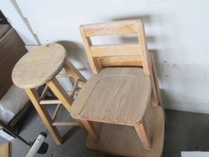 Pair of child side wooden chairs plus counter Height stool